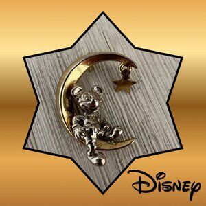 EUC Vintage Disney Mickey Mouse on The Moon Pendant Gold & Silver Tone